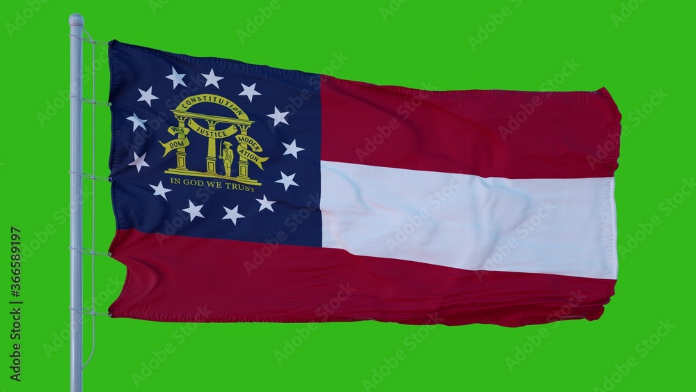 State flag of Georgia waving in the wind against green screen background. 3d illustration