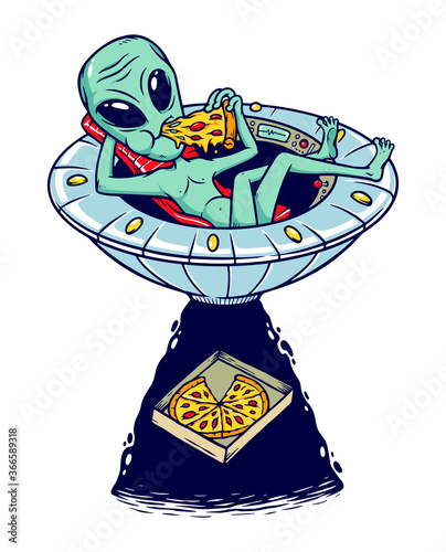 alien eat pizza vector illustration