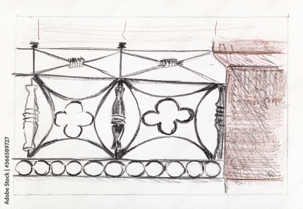 sketch of parapet with iron fence hand-drawn by color pencils on white paper sketch of parapet with iron fence hand-drawn by color pencils on white paper