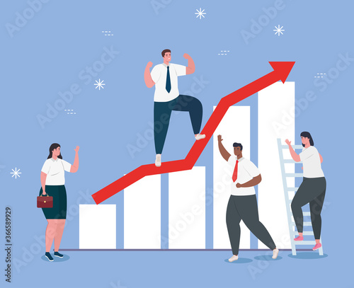 business start up concept, banner, business object startup process, business people with infographic and arrow up photo