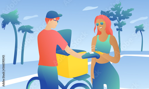 A girl with a courier on the sportsground is conducting a monetary transaction. The woman pays by card. A man in a cap with a bicycle holds a wireless terminal.