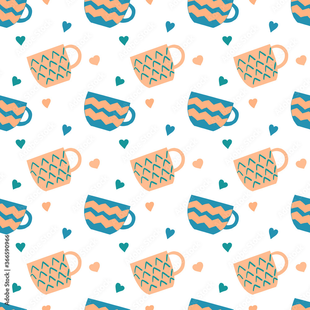 Seamless crockery vector pattern on white background. Hand drawn utensil. Perfect for wallpaper or fabric. Pink and blue tea cups with little hearts. Tea party Seamless crockery vector pattern on white background. Hand drawn utensil. Perfect for wallpaper or fabric. Pink and blue tea cups with little hearts. Tea party