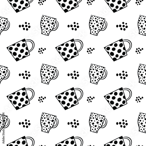 Seamless crockery vector pattern on white background. Hand drawn utensil in inky style. Perfect for wallpaper or fabric. Black and white illustration. Tea party
