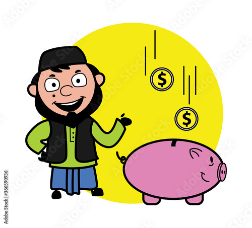 Cartoon Muslim Man saving money in piggy bank