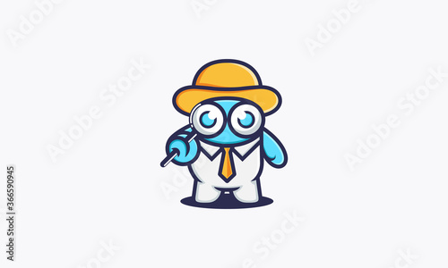 Illustration cartoon character of a man in a hat with manigfying glass and tie to looking for a job.