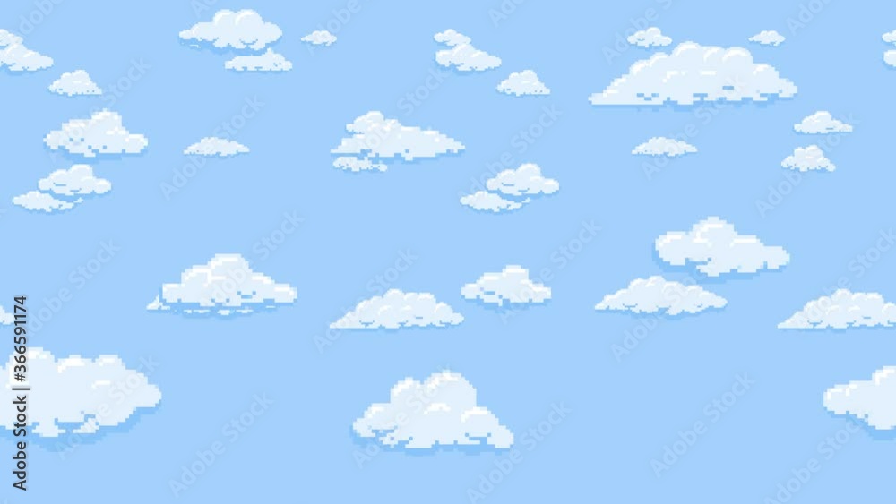 Cartoon clouds floating on the blue sky background, pixelated. Seamless looping animation.