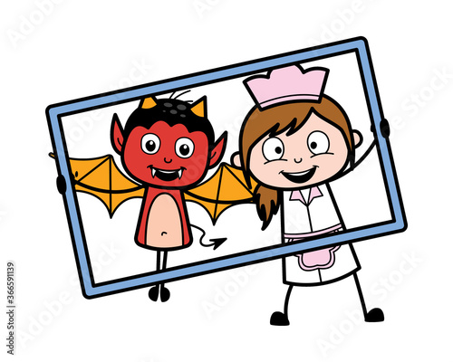 Cartoon Devil in frame with waitress