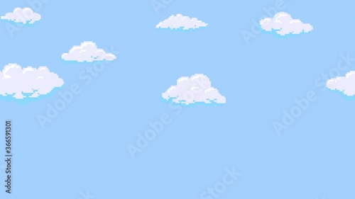 Cartoon clouds floating on the blue sky background, pixelated. Seamless looping animation.