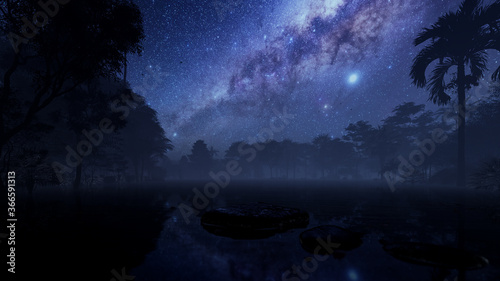 Stones on lake surrounded by tropical jungle against starry sky