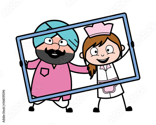 Cartoon Cute Sardar in frame with waitress