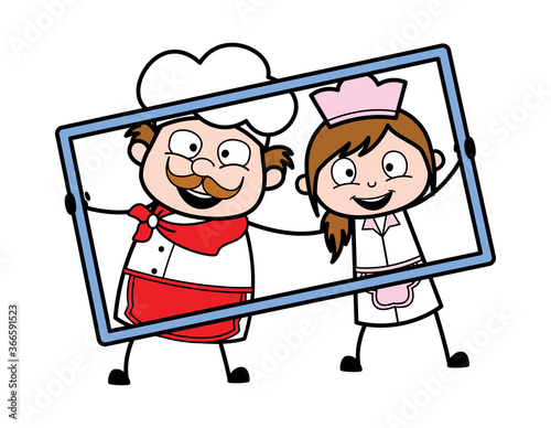Cartoon Businessman in frame with waitress