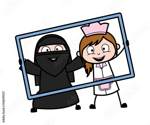 Cartoon Muslim Woman in frame with waitress