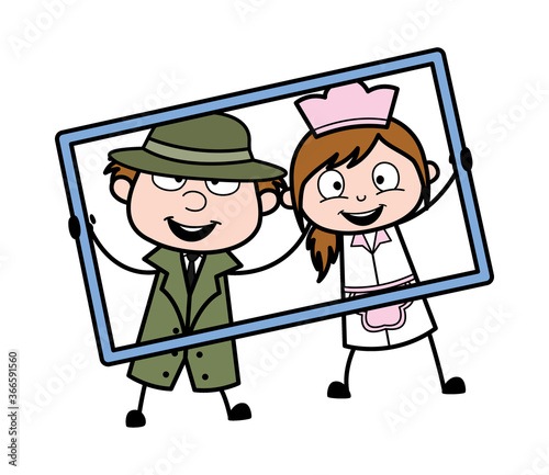 Cartoon Spy in frame with waitress