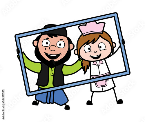 Cartoon Muslim Man in frame with waitress