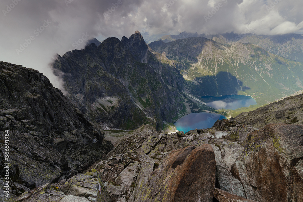 Gorgeous landscape with high peaks, stone cliffs in mountain and view of the Blake lake, or the Morskie Oko lake in a valley.Popular tourist destination in Zakopane,Poland. Tatra National Park.Europe. Gorgeous landscape with high peaks, stone cliffs in mountain and view of the Blake lake, or the Morskie Oko lake in a valley.Popular tourist destination in Zakopane,Poland. Tatra National Park.Europe.