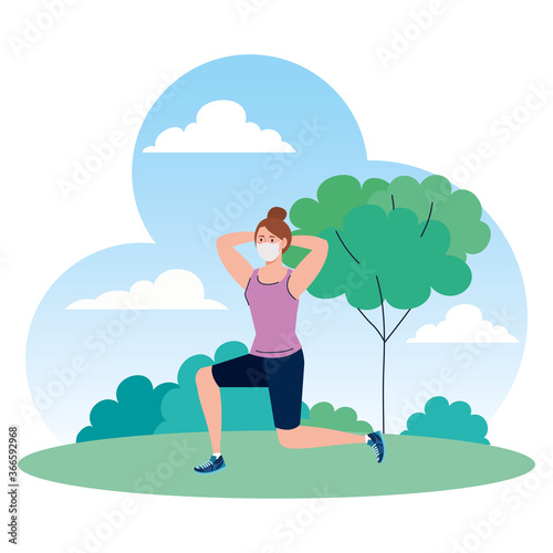 woman wearing medical mask, practicing exercise outdoor, prevention coronavirus covid 19
