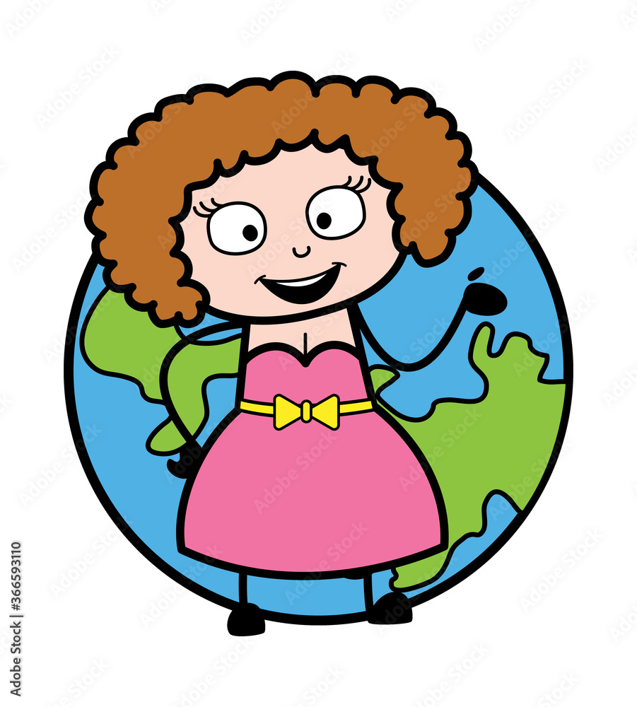 Cartoon Young Lady with planet earth Cartoon Young Lady with planet earth