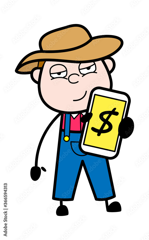 Cartoon Farmer Showing Money in Cell Phone Cartoon Farmer Showing Money in Cell Phone