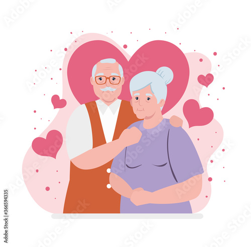elderly couple smiling, old woman and old man couple in love, with hearts decoration