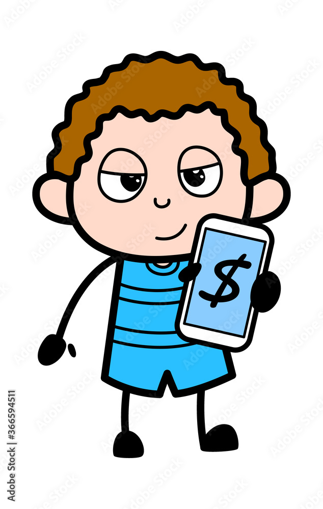 Cartoon Kid Showing Money in Cell Phone Cartoon Kid Showing Money in Cell Phone