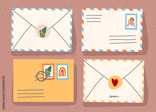 Paper envelopes with stamps and decorative elements on an isolated background. Stylish brands. Letters in paper envelopes. Holiday cards. Mail. Flat illustration. Vector.