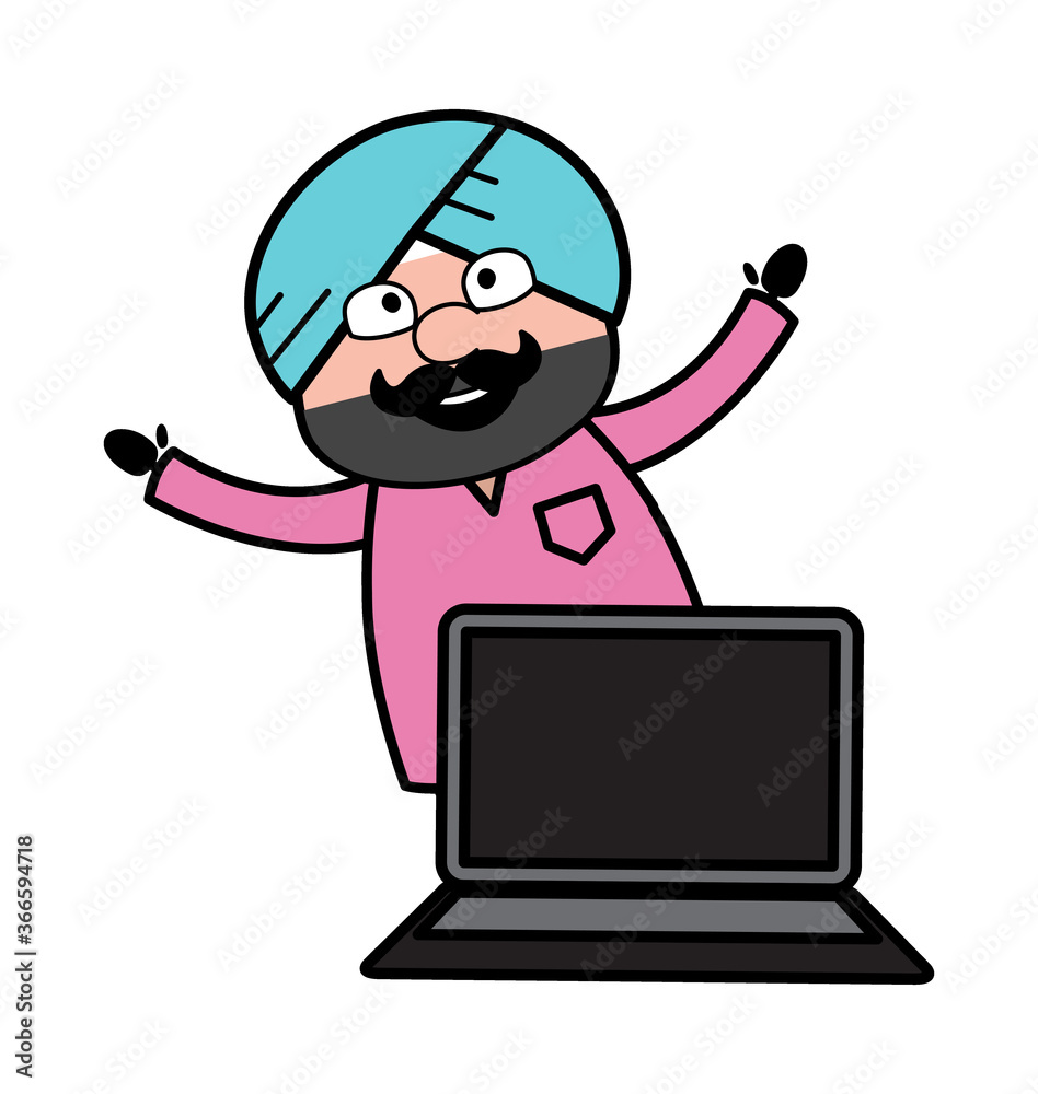 Cartoon Cute Sardar with Laptop