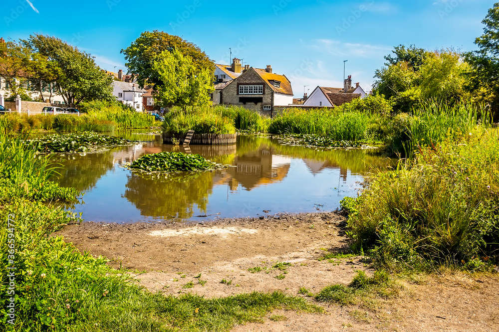 Obraz premium A view across the duck pond in the town of Rottingdean, Sussex, UK in summer