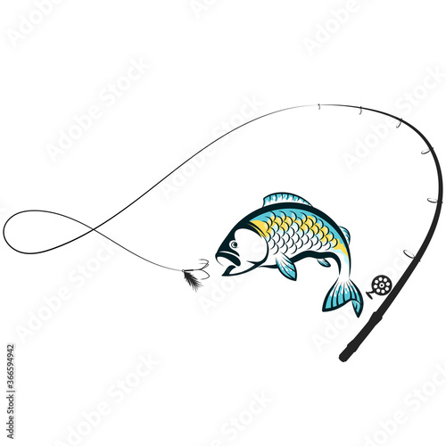Fishing rod and fish jumping for bait silhouette