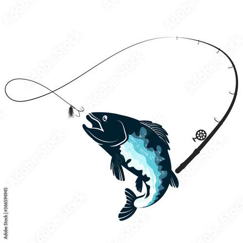 Fish silhouette in a jump and a fishing rod with bait