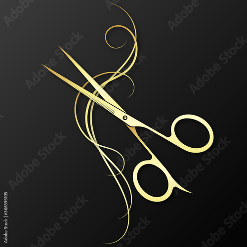 Gold scissors and curls of hair design for beauty salon and stylist