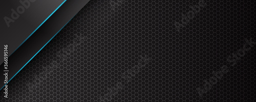 Hexagonal abstract metal background with blue light for wide banner