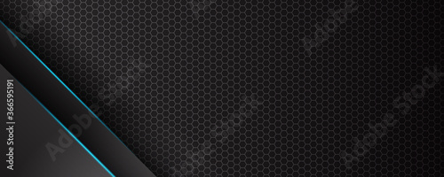 Trendy composition of blue technical shapes on black background. Dark metallic perforated texture design. Technology illustration. Vector header banner