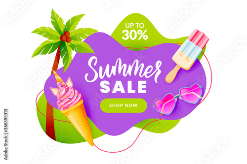 Summer sale banner, discount poster design. Unicorn ice cream, pink heart sunglasses, palm tree vector illustration
