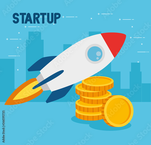 business start up concept, banner, business object startup process, rocket with pile coins