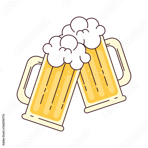 mugs of beer with froth, cheers, on white background