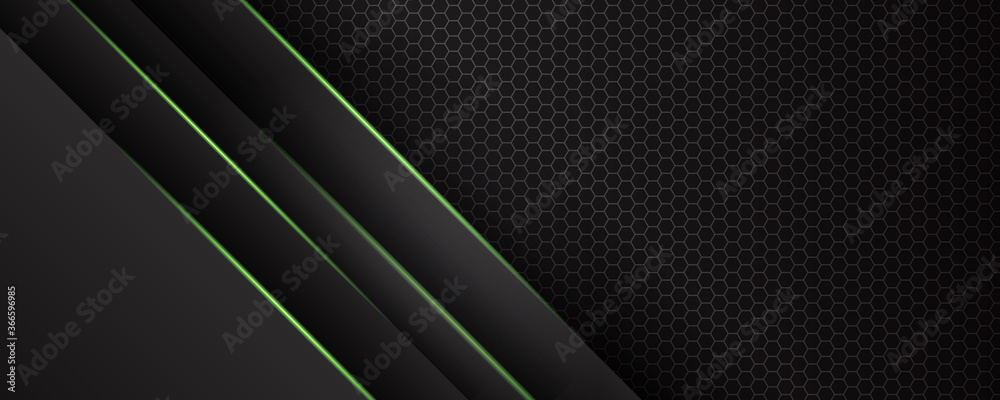 Abstract 3D black technology background overlap layers on dark space with green light effect decoration. Modern graphic design template elements for poster, flyer, brochure, or banner Abstract 3D black technology background overlap layers on dark space with green light effect decoration. Modern graphic design template elements for poster, flyer, brochure, or banner