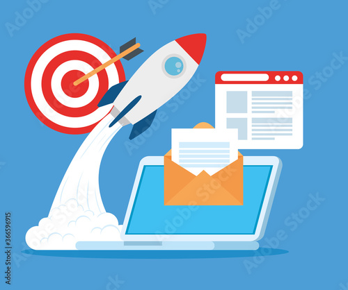 business start up concept, banner, business object startup process, laptop with rocket and business icons