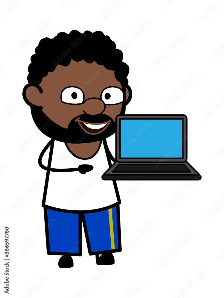 Cartoon African American Man presentation on Laptop Cartoon African American Man presentation on Laptop