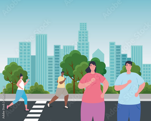 people running on the city, persons in sportswear jogging, sporty people in the street