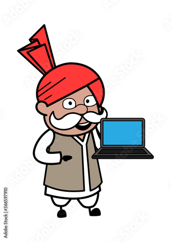 Cartoon Haryanvi Old Man presentation on Laptop photo