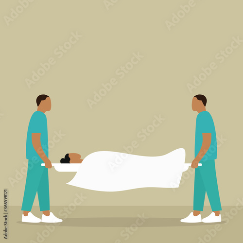 Two male orderlies carry a stretcher with a female character covered in a bedsheet