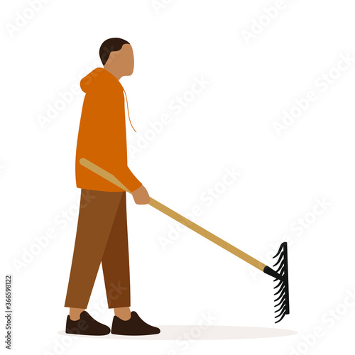 Male character holds rake in hand