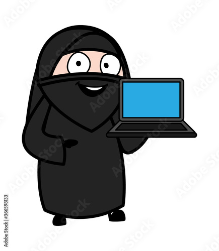Cartoon Muslim Woman presentation on Laptop