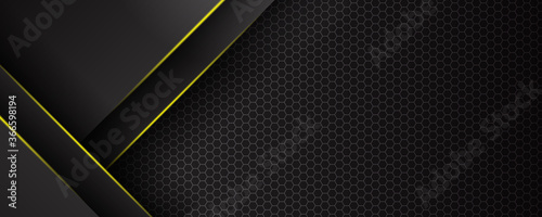 Futuristic perforated technology abstract background with yellow neon glowing lines. Vector banner design