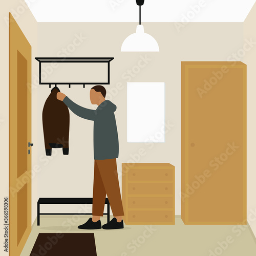 Male character takes a jacket from a hanger in the hallway
