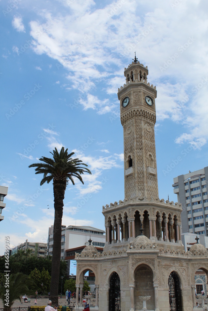Clock tower with palm in Izmir, Turkey