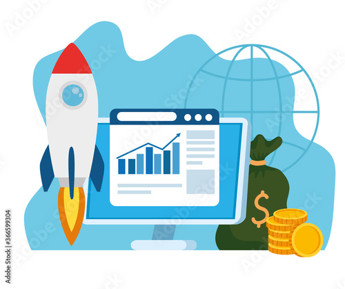 business start up concept, banner, business object startup process, rocket with computer and business icons
