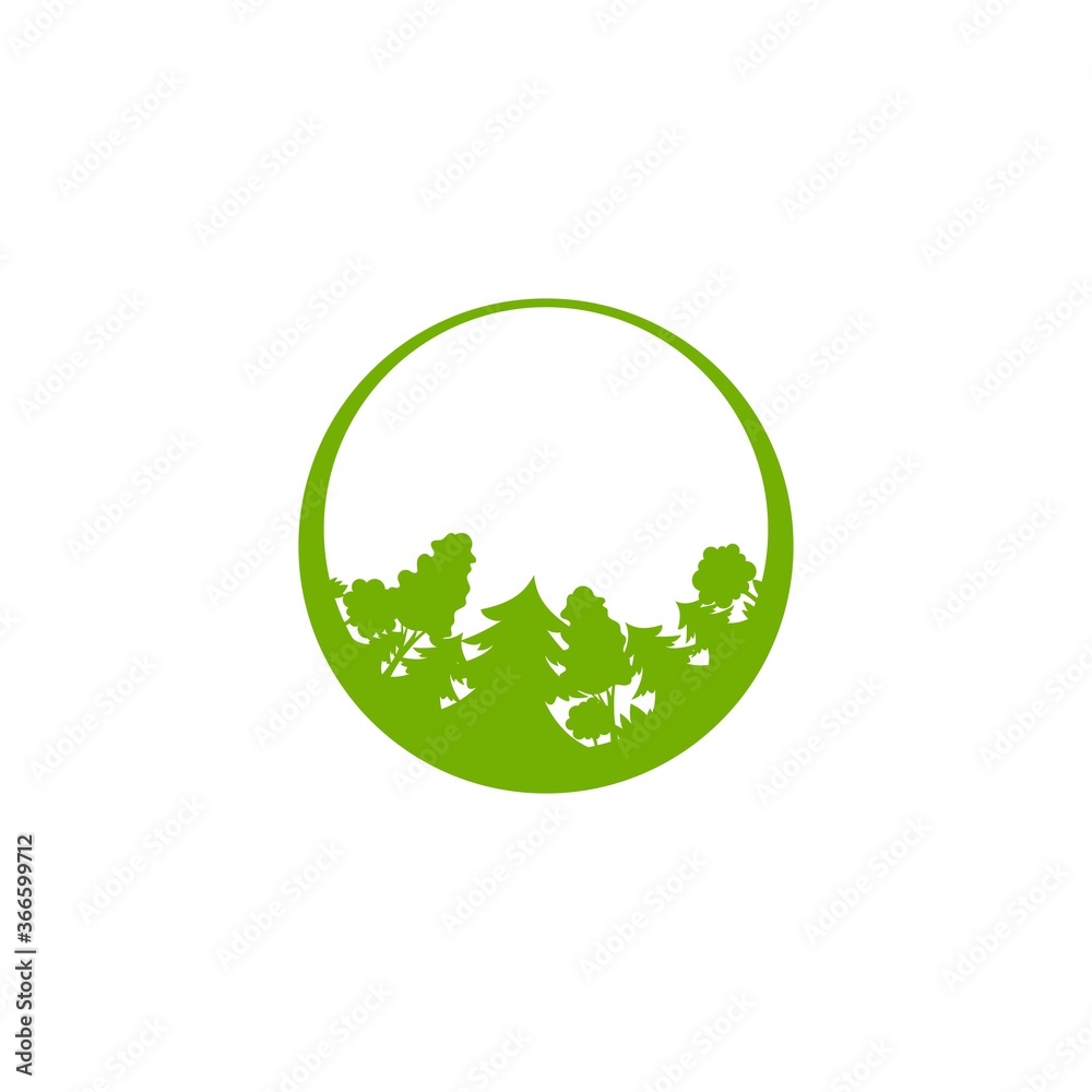 Green forest in circle isolated on white. organic symbol. wood and trees logo. Green forest in circle isolated on white. organic symbol. wood and trees logo.