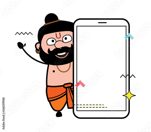 Cartoon Pandit with empty cell phone screen