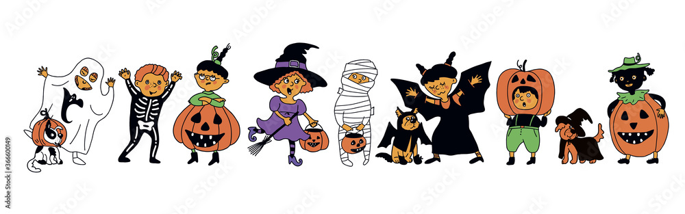 Halloween kids character set. Children in colorful Halloween costumes: bat, witch, ghost, mummy, death, pumpkin, zombie. Dogs in suits Cartoon set. Vector illustration